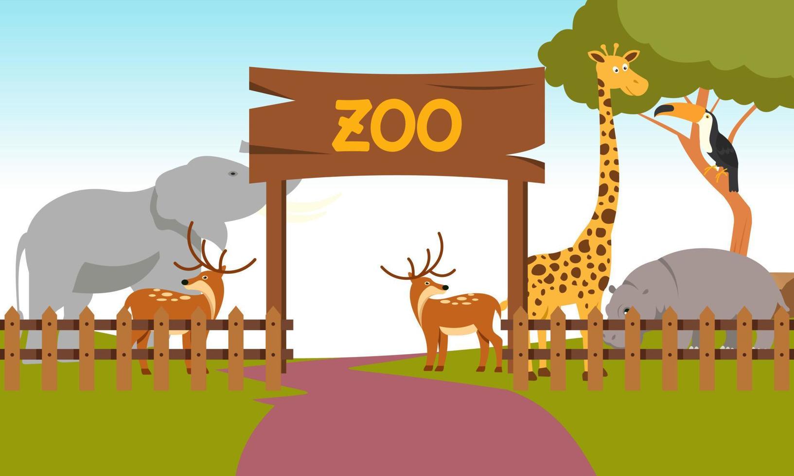 Zoo cartoon illustration with safari animals on forest background vector