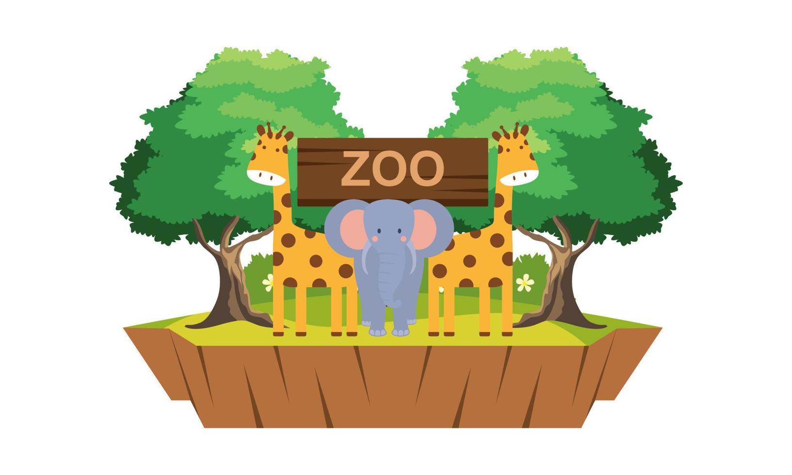 Zoo cartoon illustration with safari animals on forest background vector