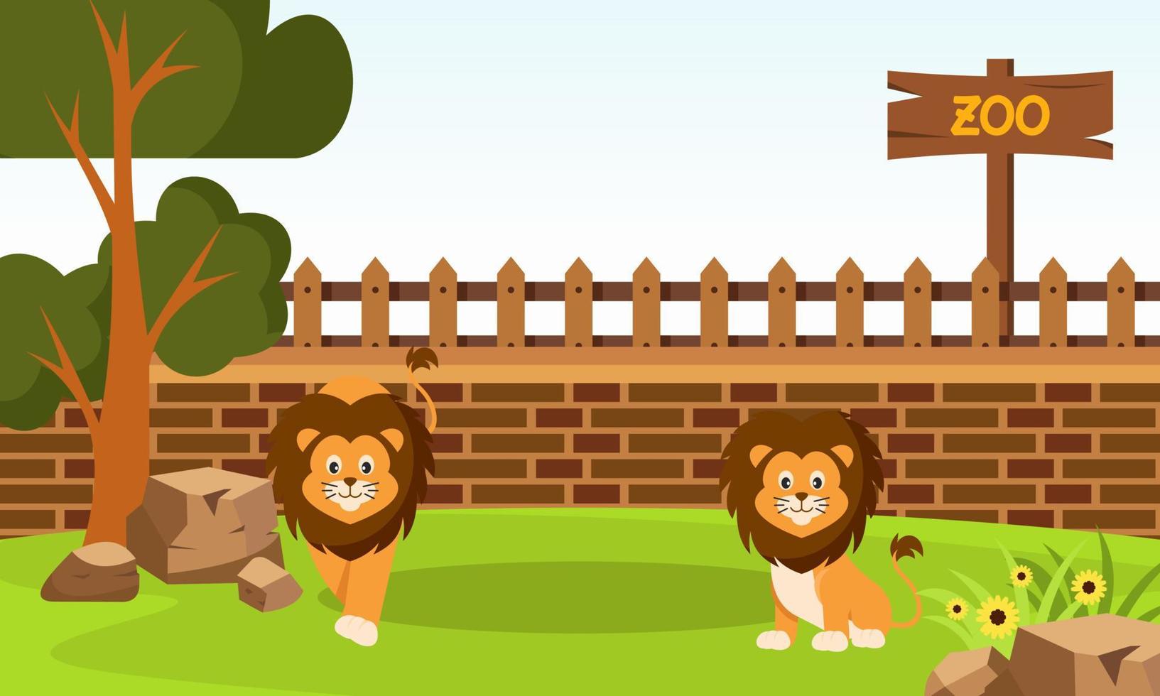 Zoo cartoon illustration with safari animals on forest background vector