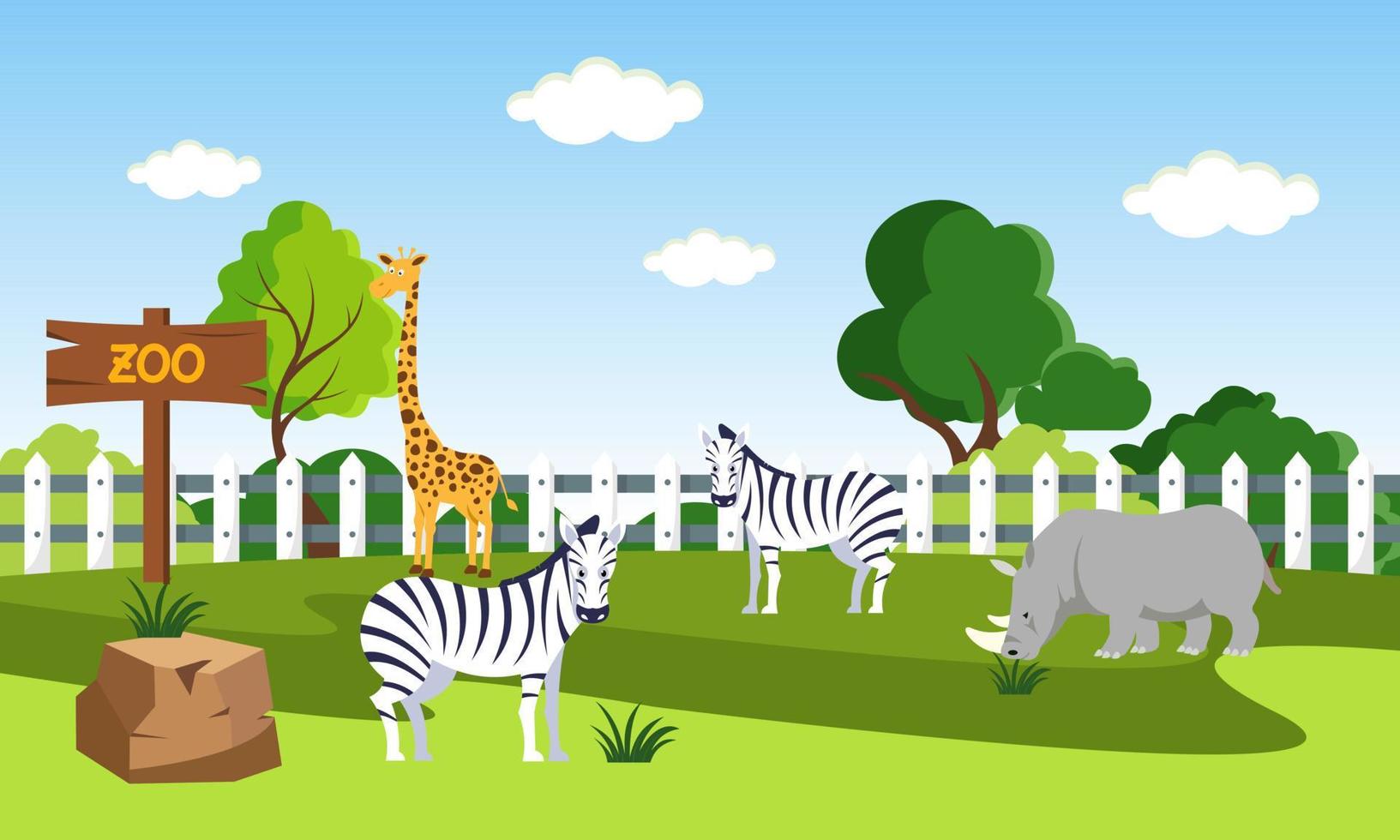 ilustración de dibujos animados del zoológico con animales de safari en el fondo del bosque vector