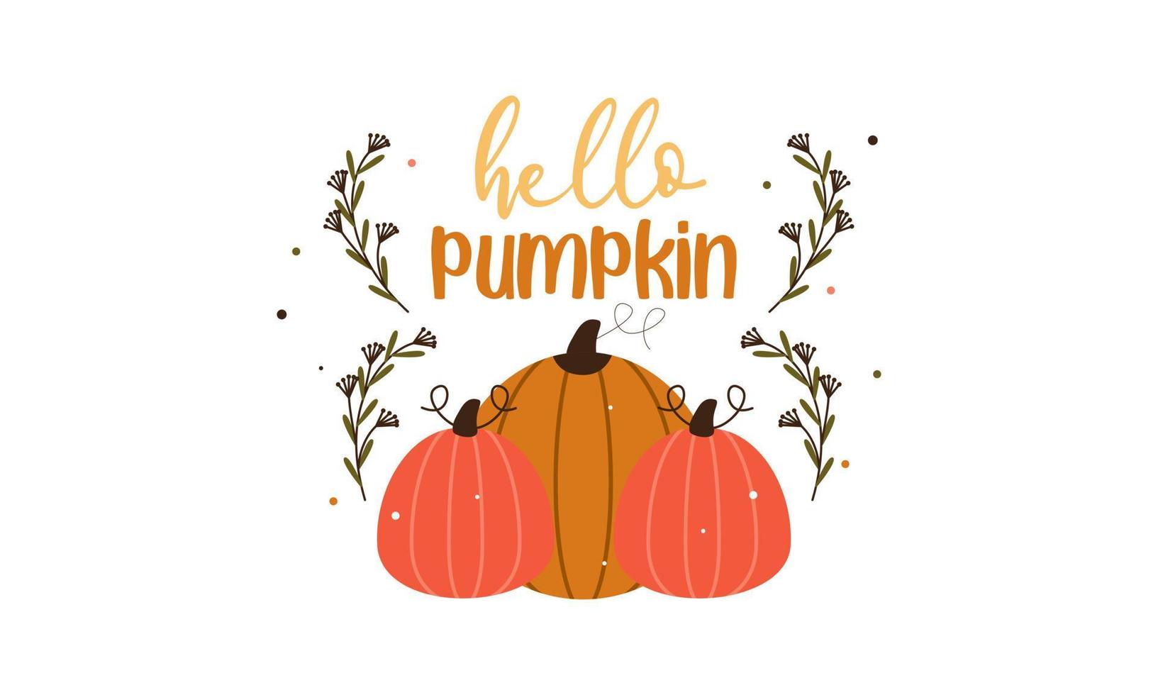 Hello pumpkin season. Autumn hand drawn lettering vector set with pumpkins, chestnut and leaves. Hal