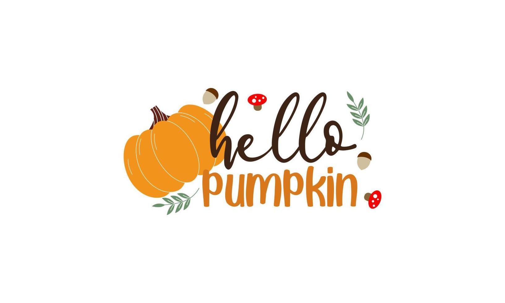 hola temporada de calabaza. vector de letras dibujadas a mano de otoño con calabazas, castaños y hojas. Hal