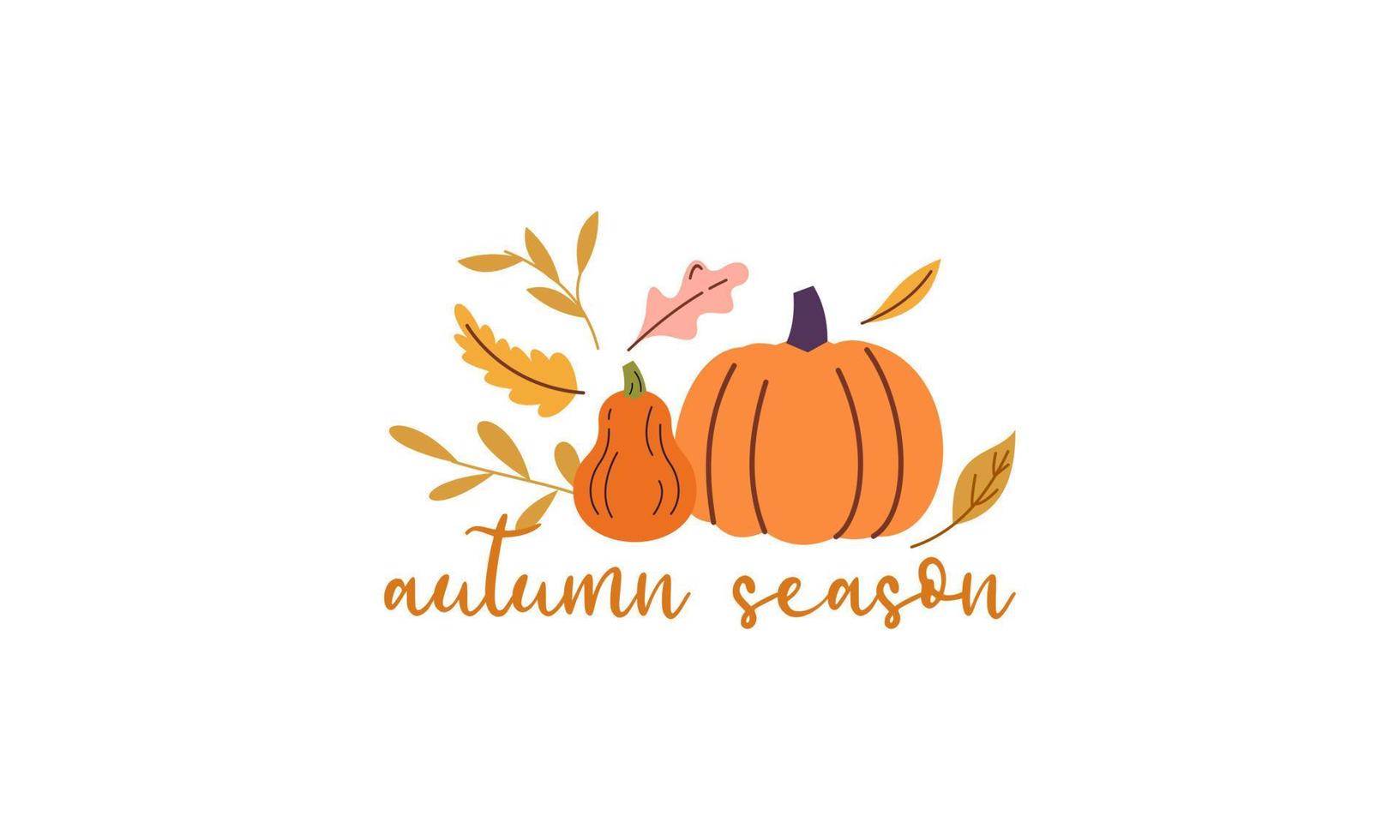 hola temporada de calabaza. vector de letras dibujadas a mano de otoño con calabazas, castaños y hojas. Hal