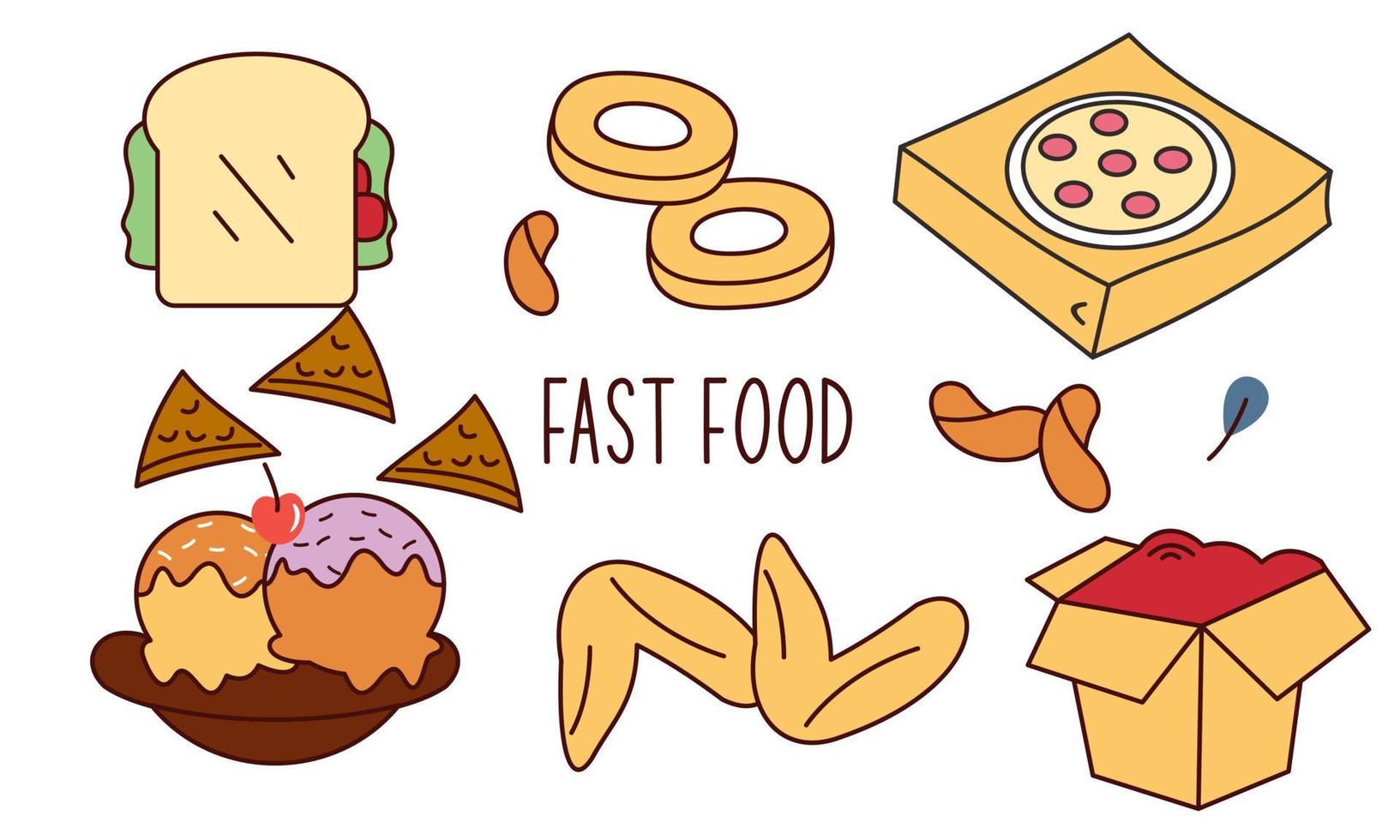 Fast food doodle hand drawn line art style object elements vector