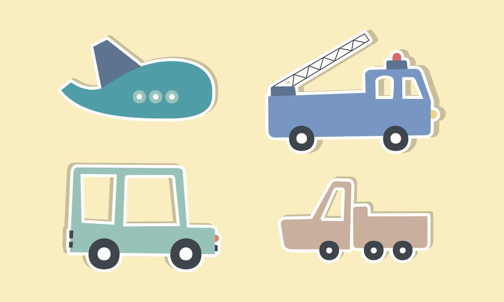 conjunto de divertidas pegatinas de transporte para niños gráficos dibujados a mano. ilustración vectorial vector