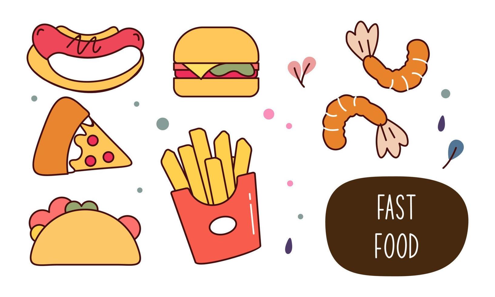 Fast food doodle hand drawn line art style object elements vector