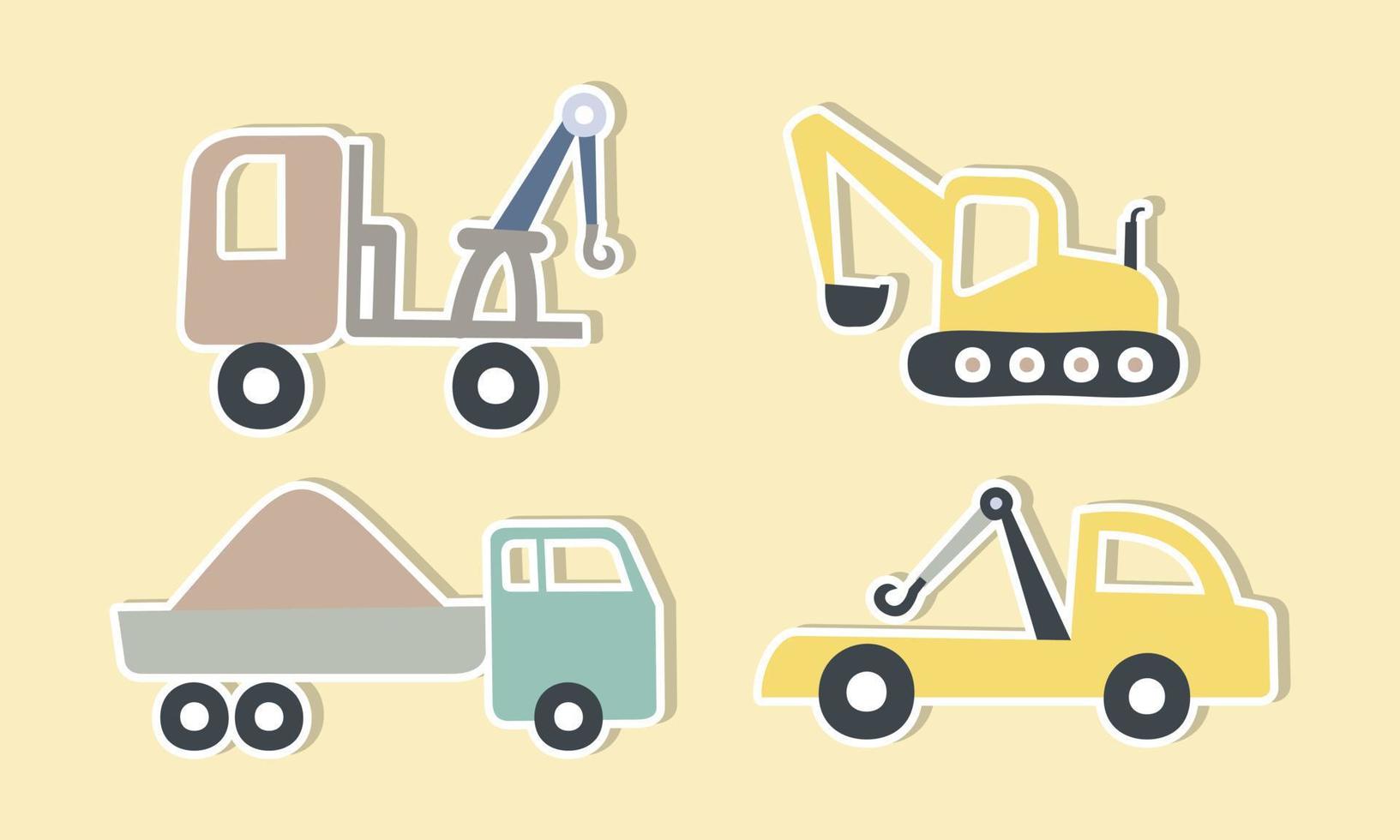 Set of funny transport stickers for kids hand drawn graphic. Vector illustration.