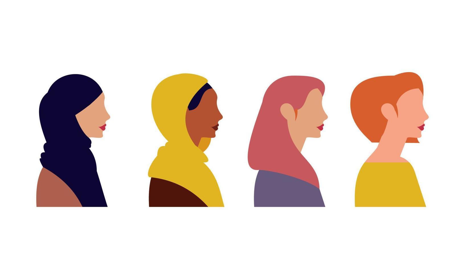 Female diverse faces of different ethnicity poster. Women empowerment movement. International women vector