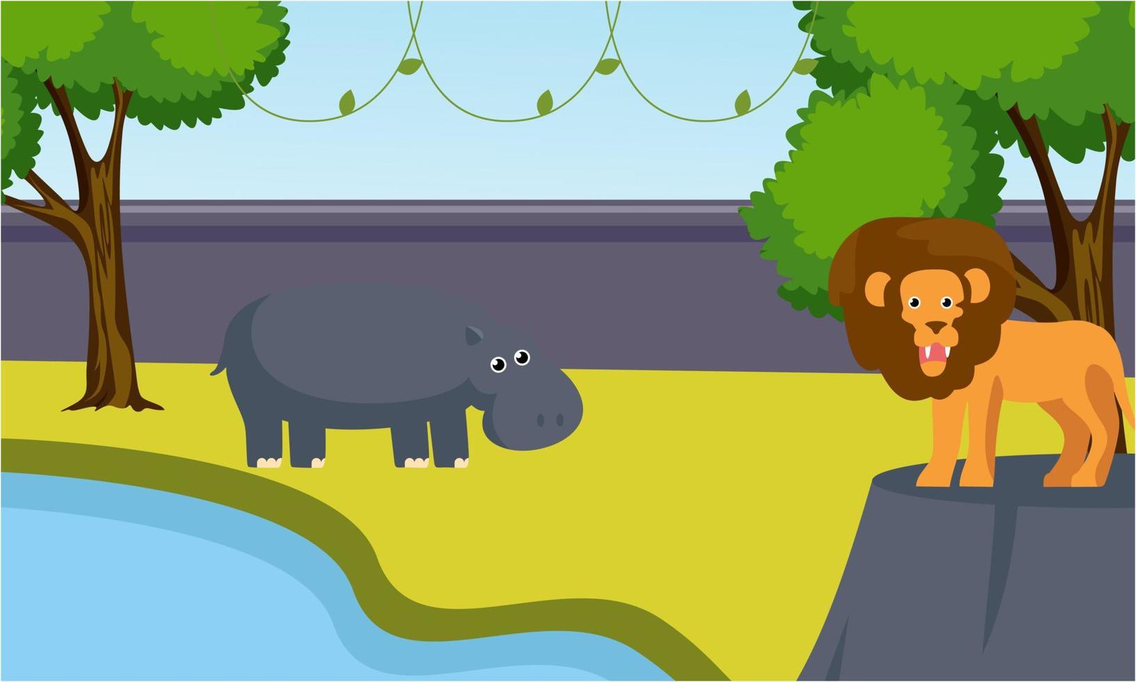 Zoo cartoon illustration with safari animals on forest background vector