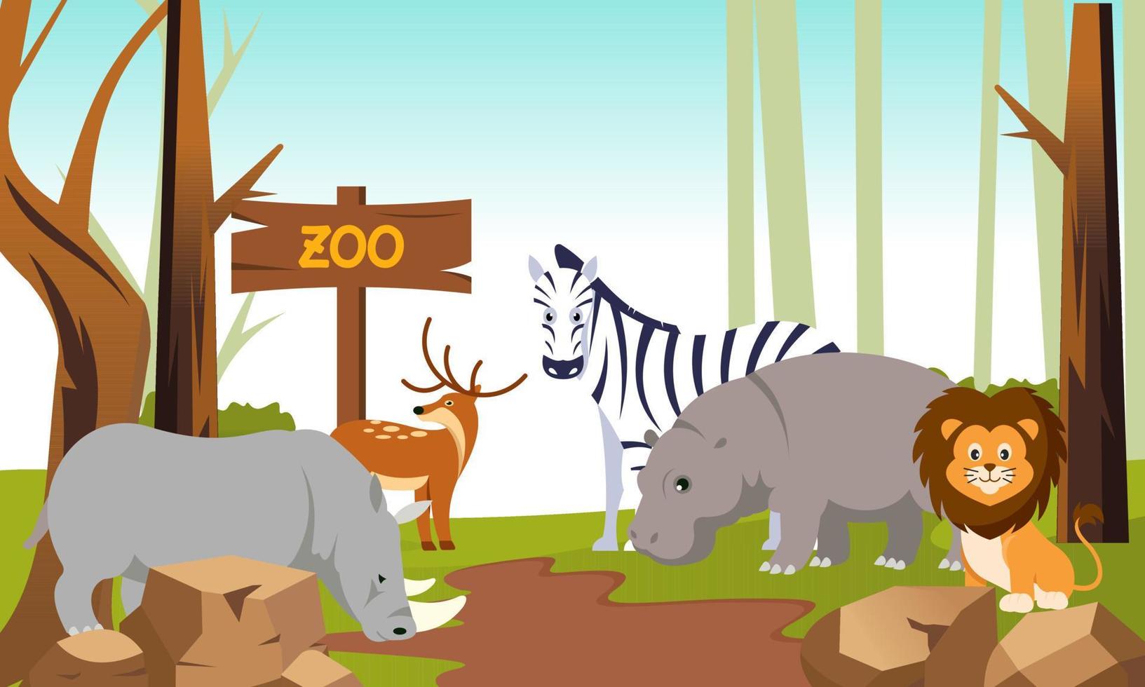 ilustración de dibujos animados del zoológico con animales de safari en el fondo del bosque vector