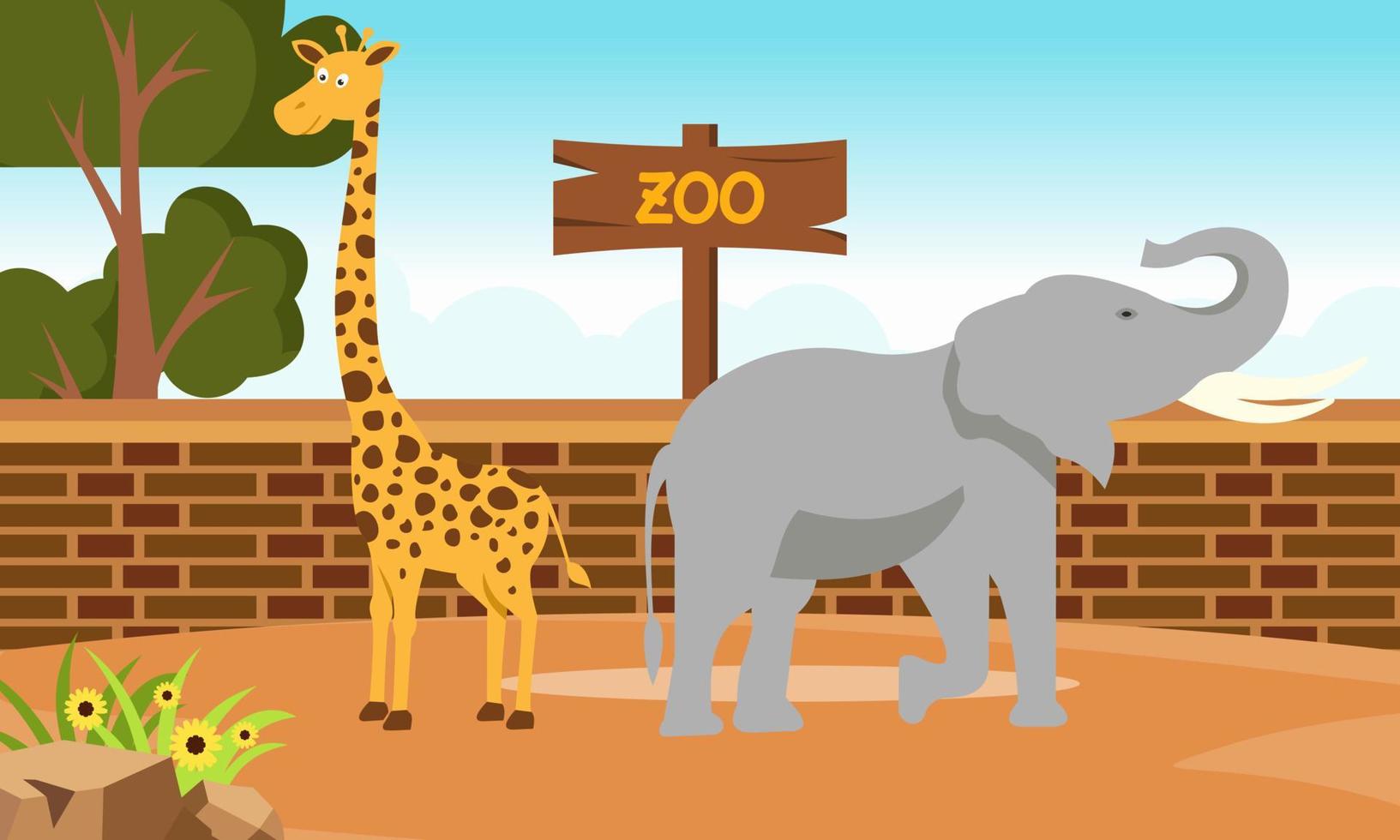 Zoo cartoon illustration with safari animals on forest background vector