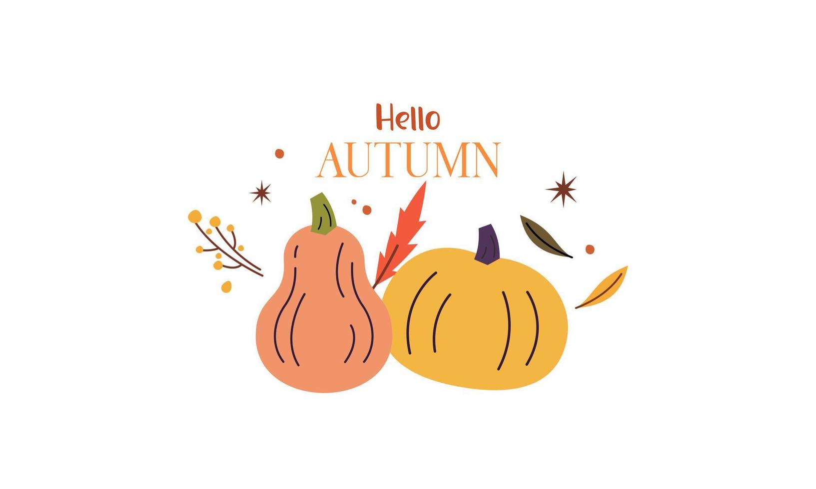 Hello pumpkin season. Autumn hand drawn lettering vector set with pumpkins, chestnut and leaves. Hal