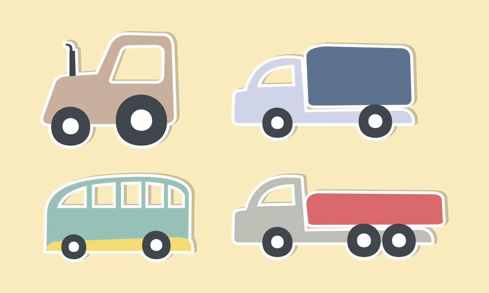 Set of funny transport stickers for kids hand drawn graphic. Vector illustration.