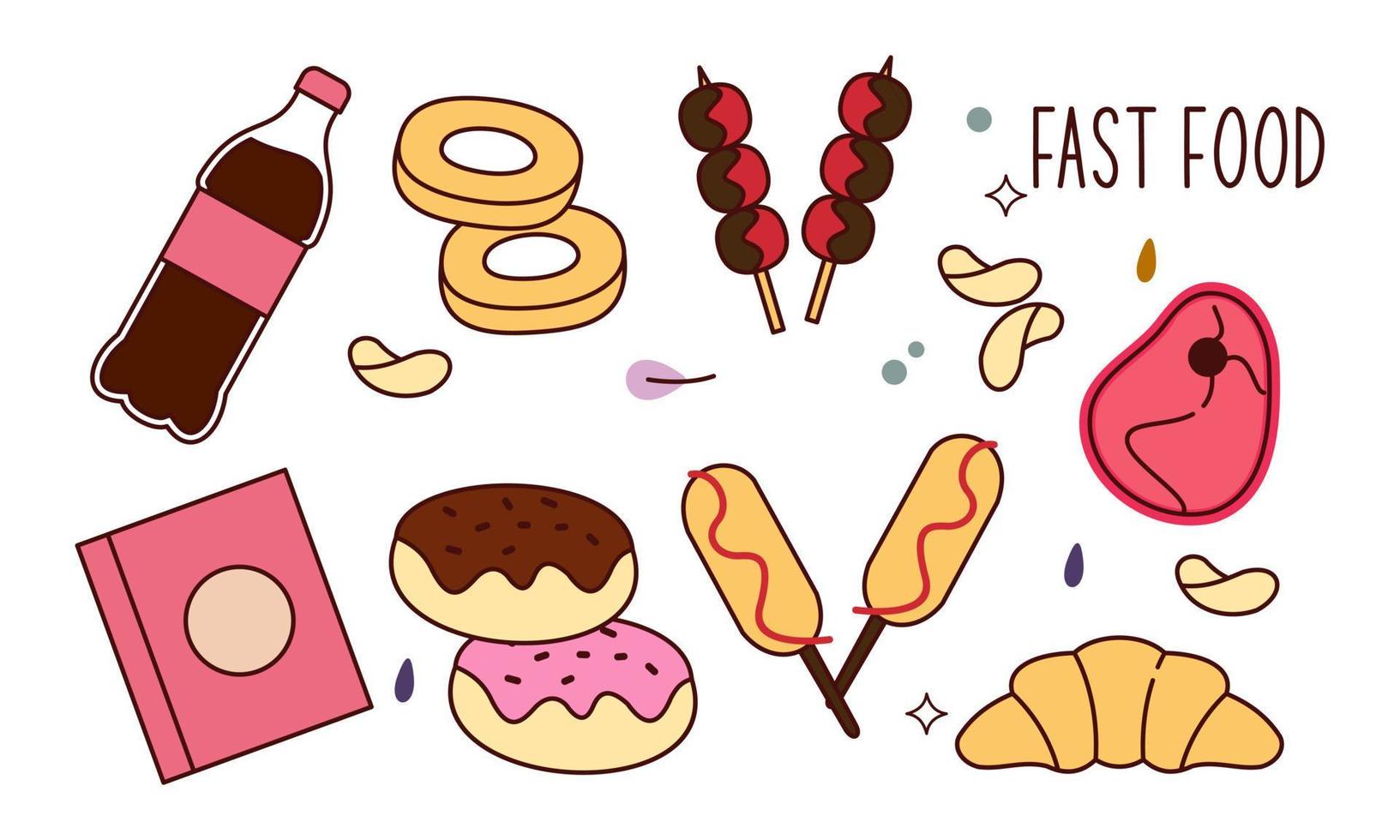 Fast food doodle hand drawn line art style object elements vector