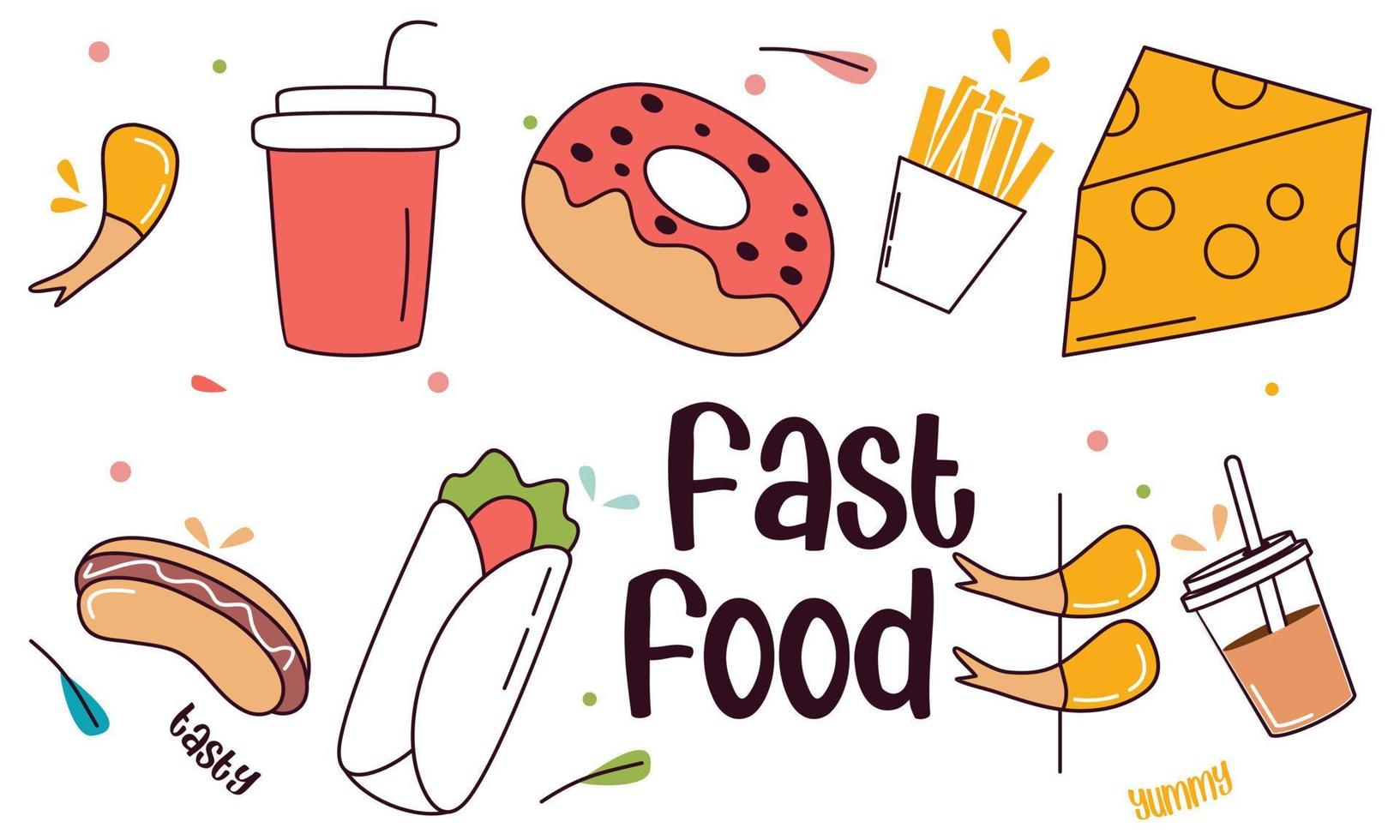 Fast food doodle hand drawn line art style object elements vector