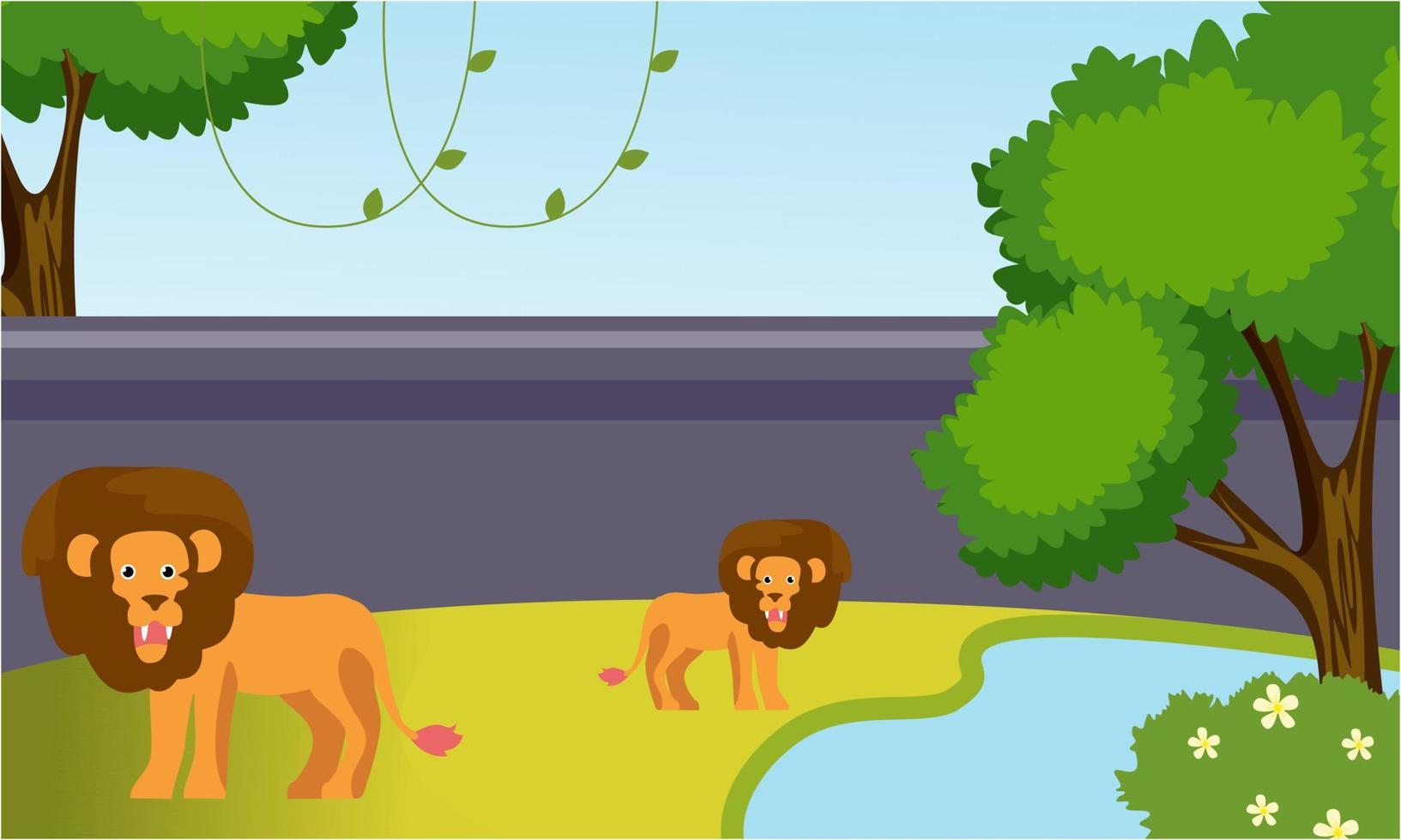 Zoo cartoon illustration with safari animals on forest background vector