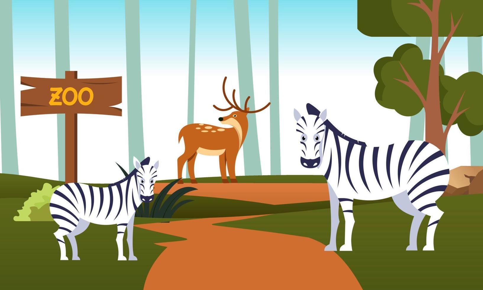 ilustración de dibujos animados del zoológico con animales de safari en el fondo del bosque vector