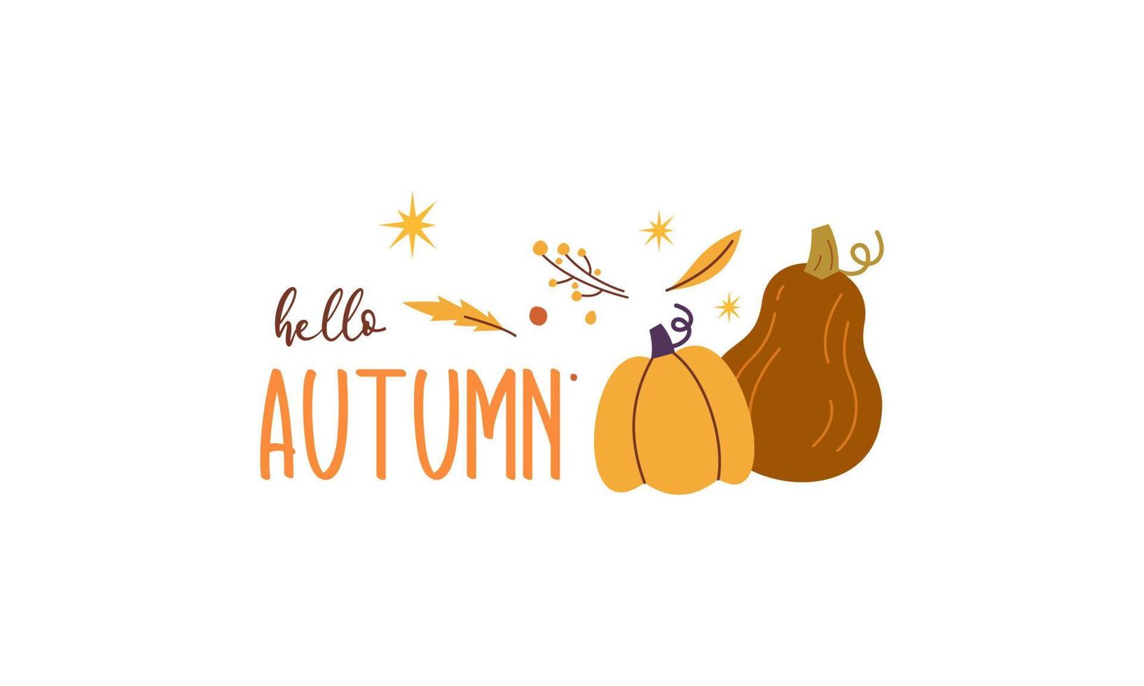 Hello pumpkin season. Autumn hand drawn lettering vector set with pumpkins, chestnut and leaves. Hal