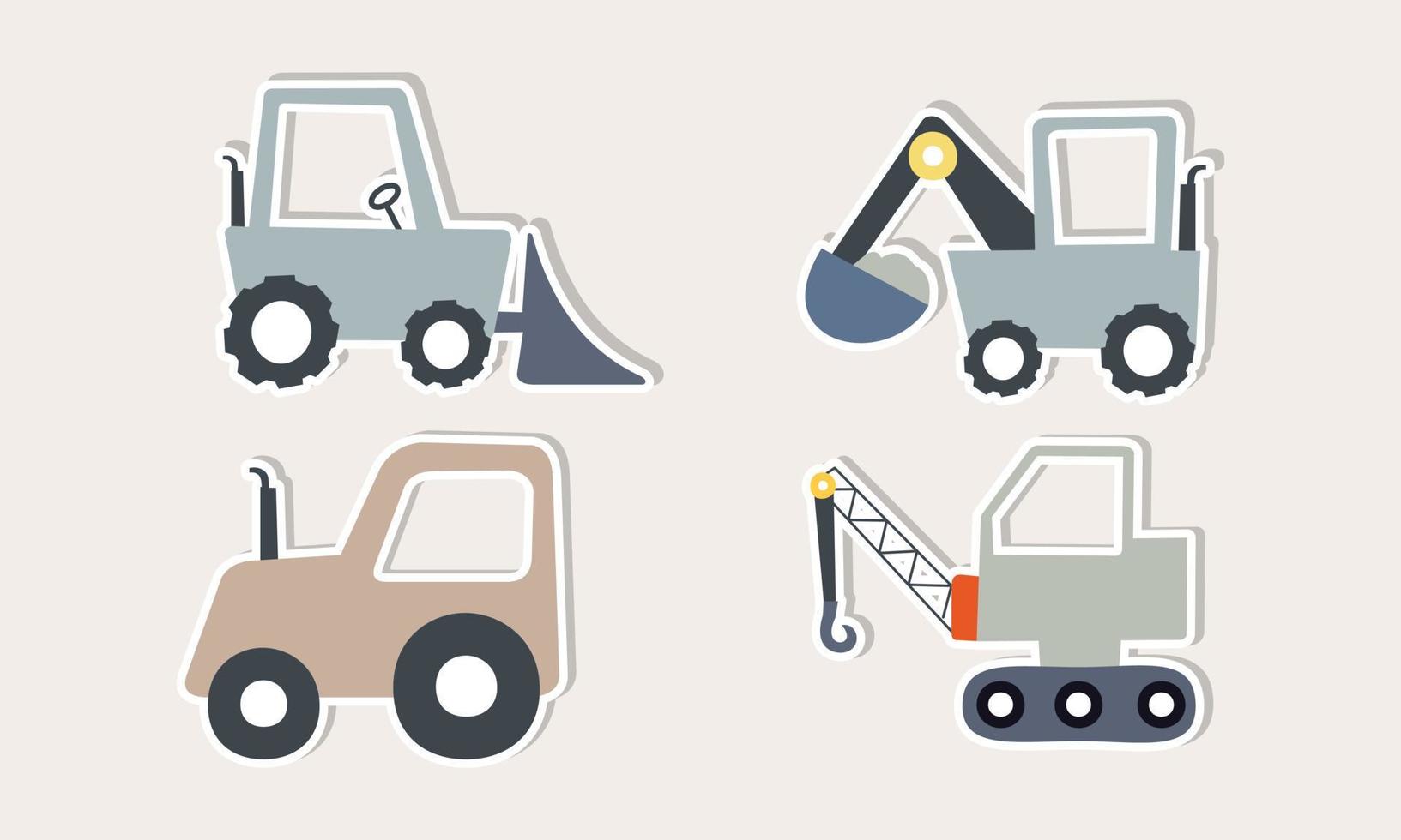 Set of funny transport stickers for kids hand drawn graphic. Vector illustration.