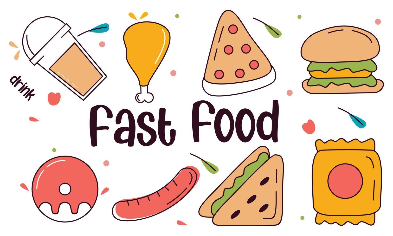 Fast food doodle hand drawn line art style object elements vector