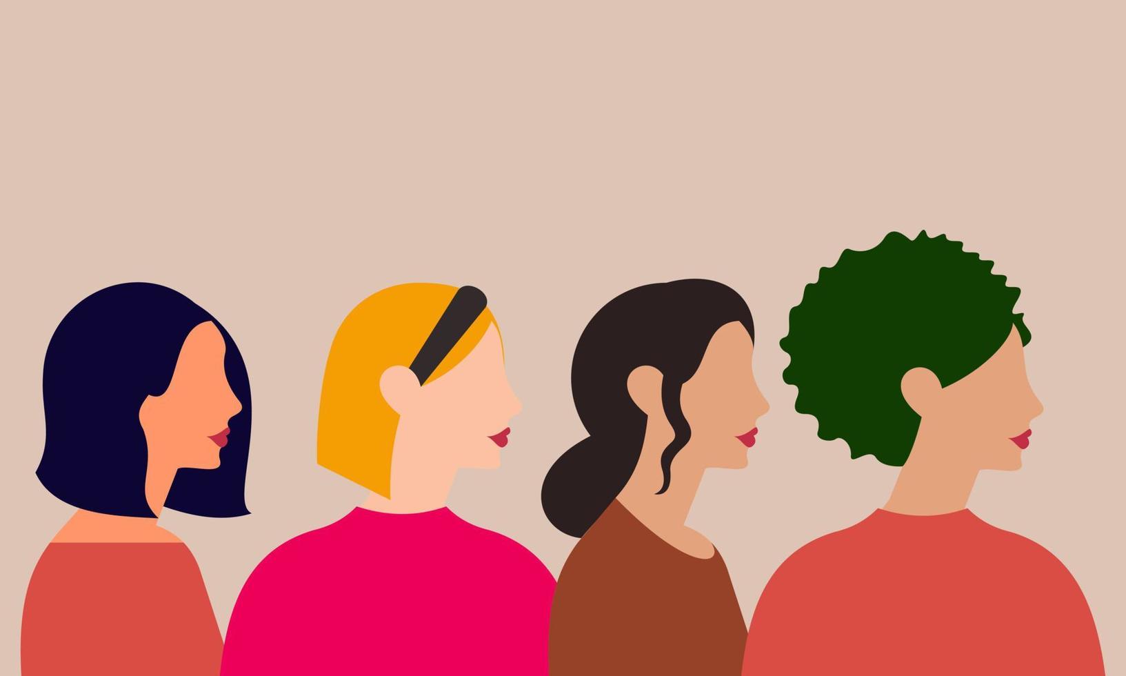 Female diverse faces of different ethnicity poster. Women empowerment movement. International women vector