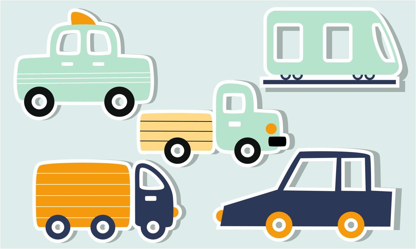 Set of funny transport stickers for kids hand drawn graphic. Vector illustration.