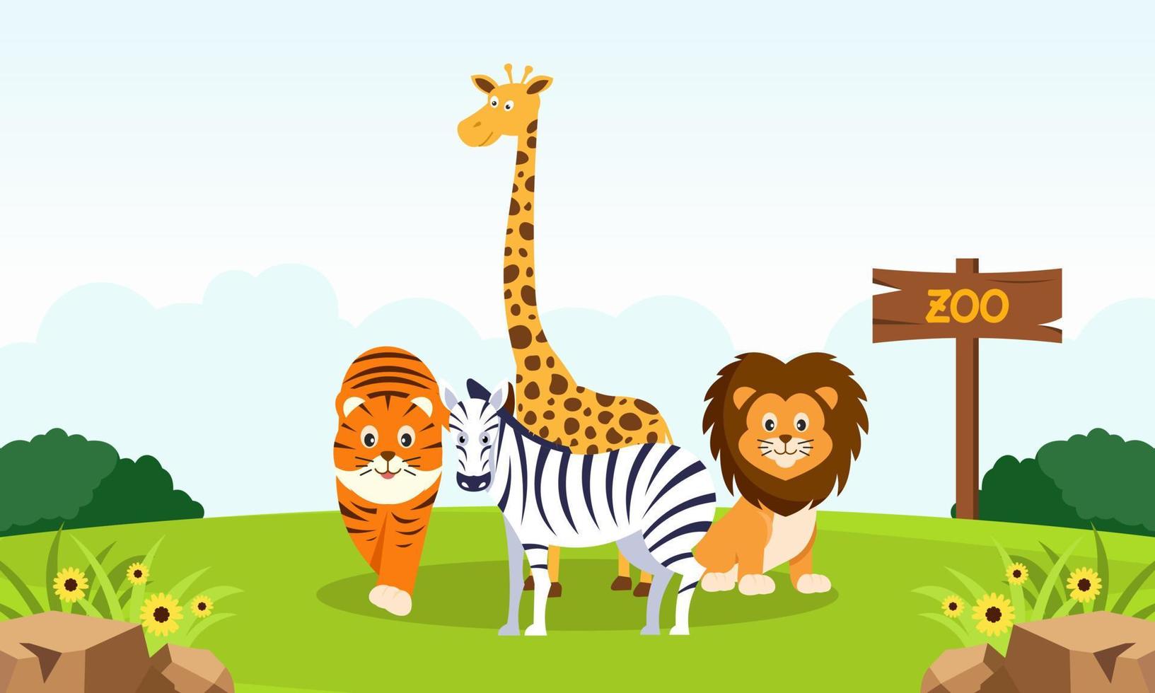 Zoo cartoon illustration with safari animals on forest background vector