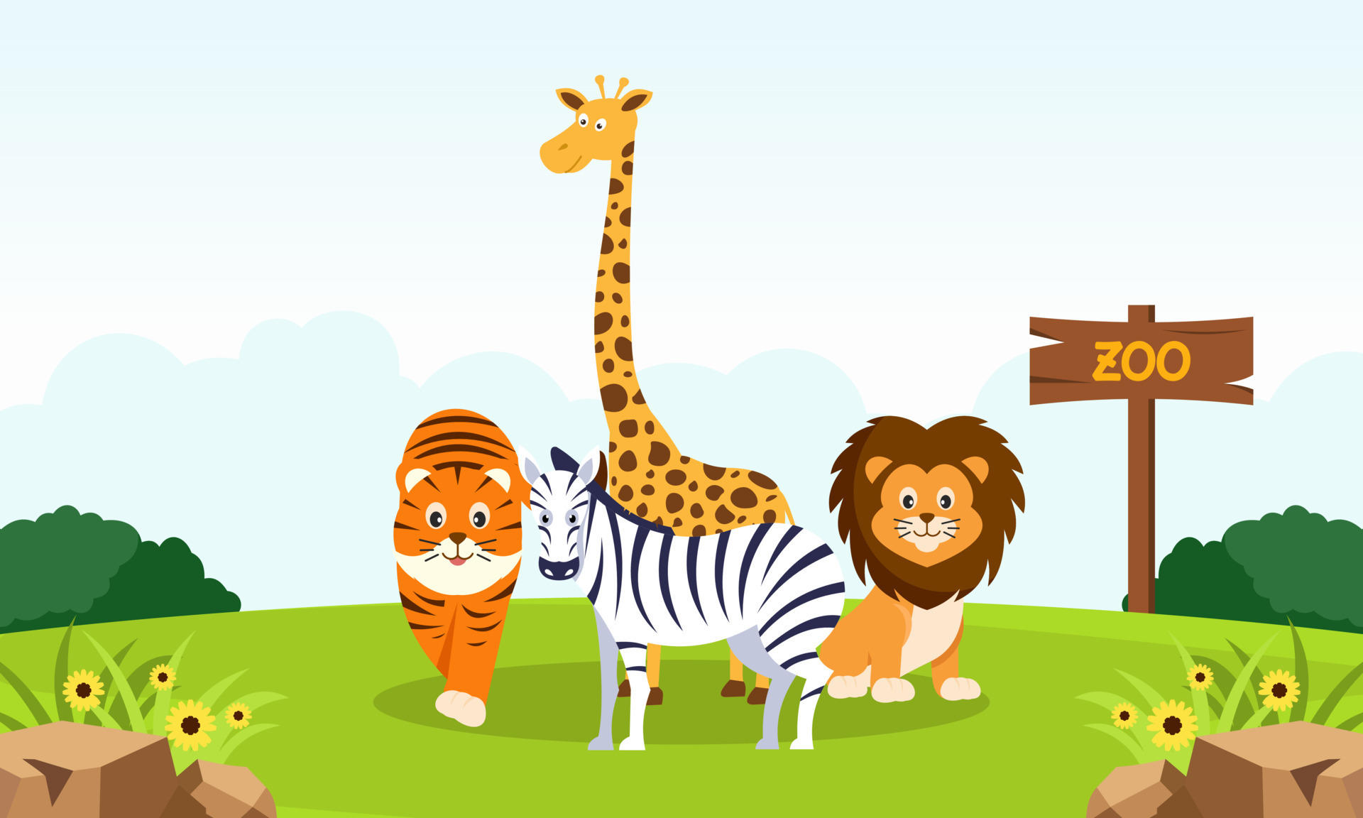 Zoo cartoon illustration with safari animals on forest background