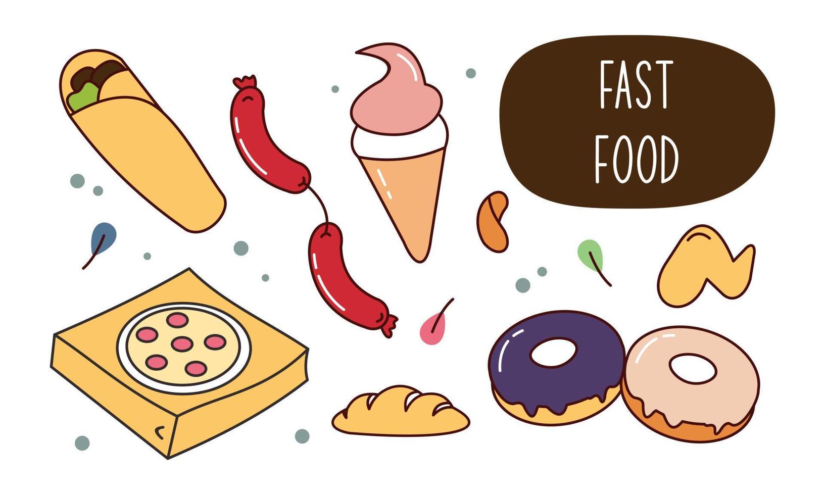 Fast food doodle hand drawn line art style object elements vector