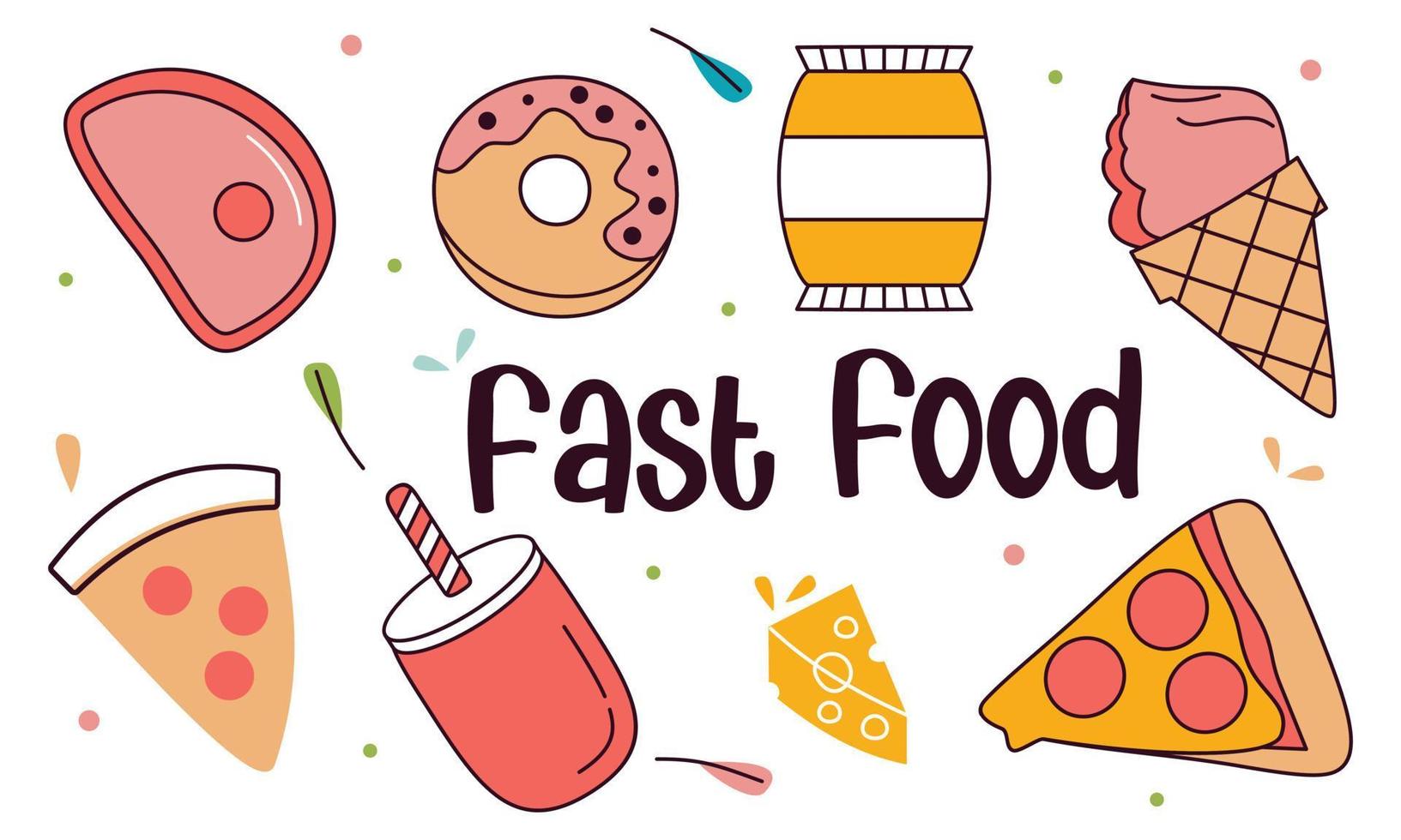 Fast food doodle hand drawn line art style object elements vector