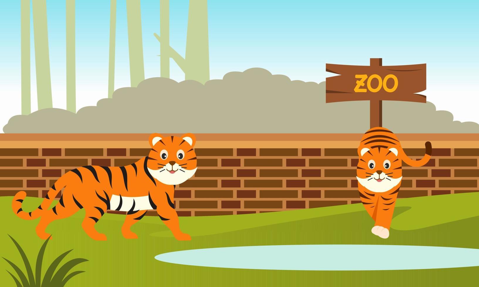 Zoo cartoon illustration with safari animals on forest background vector