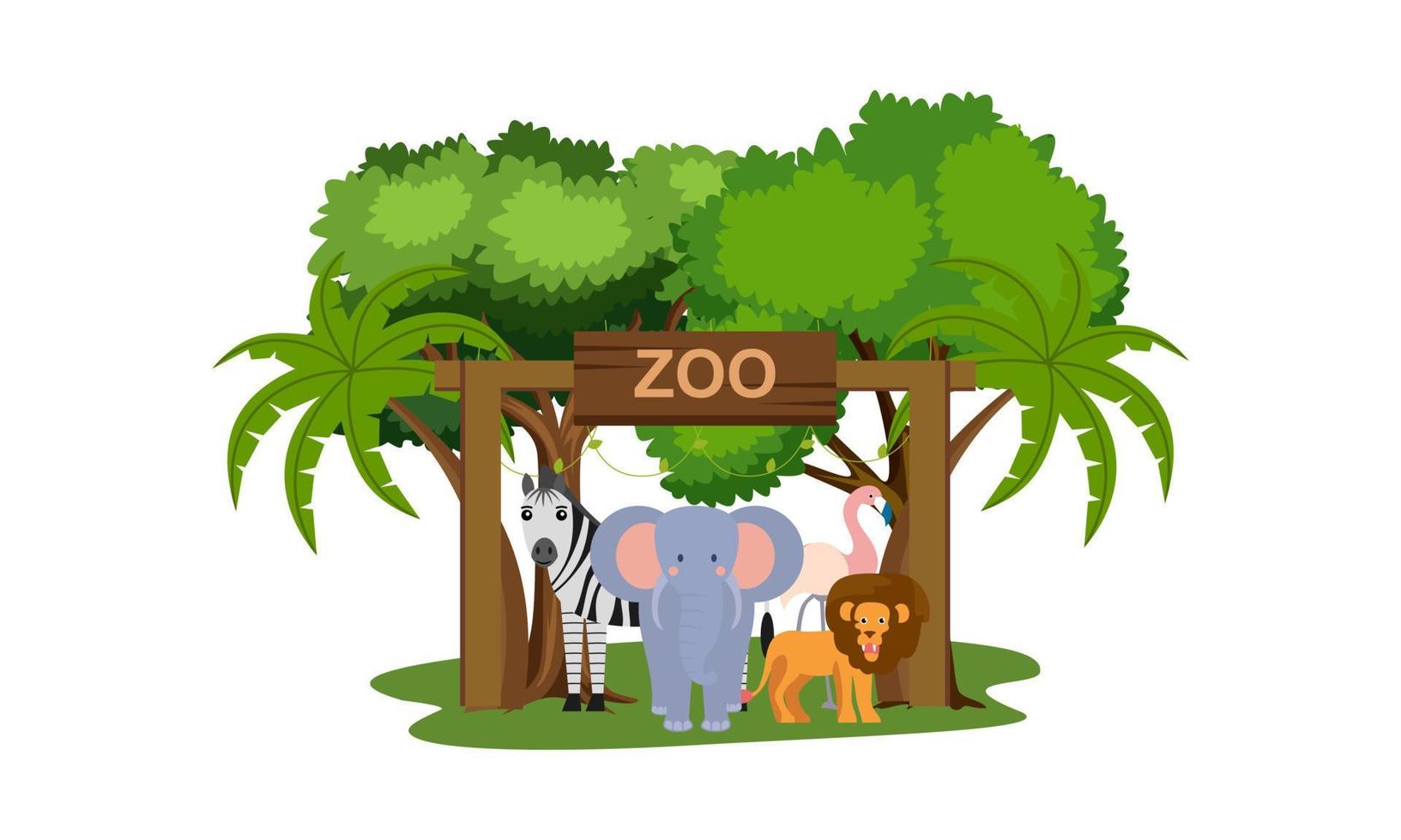 ilustración de dibujos animados del zoológico con animales de safari en el fondo del bosque vector