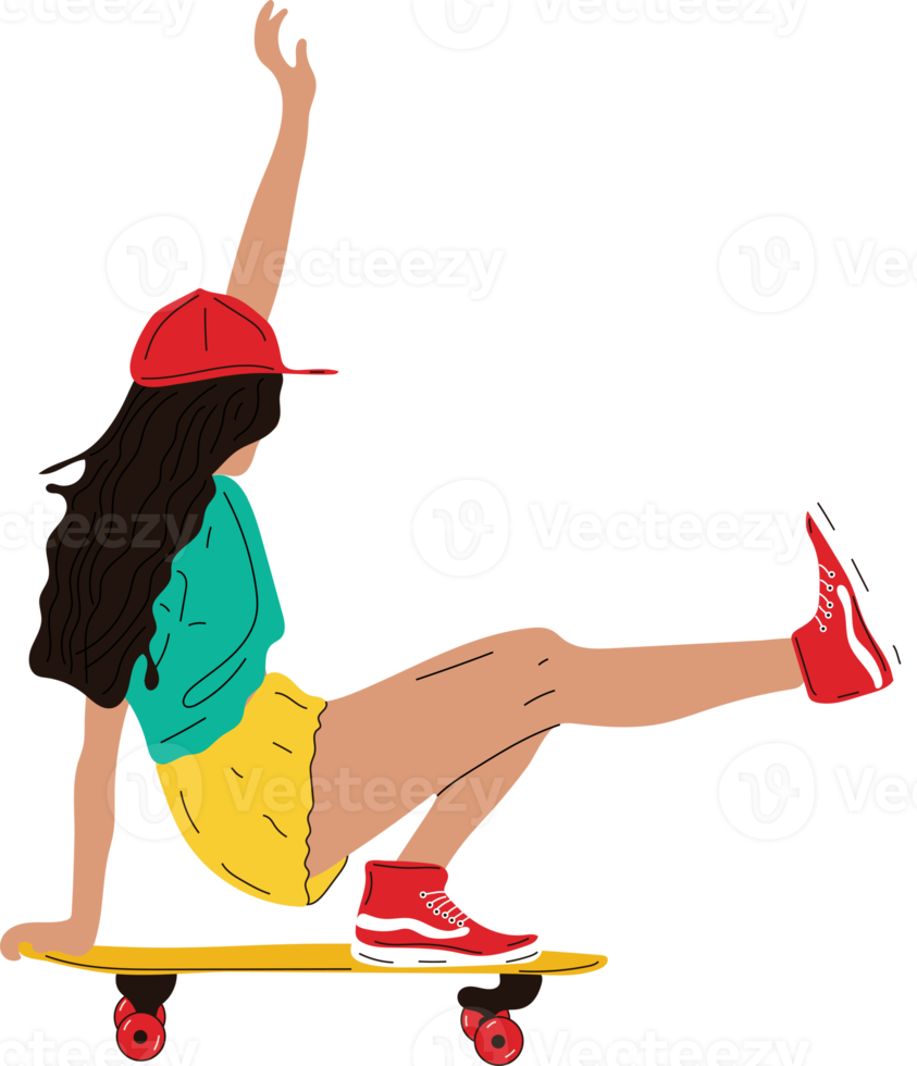 Girl on board. Girl ride on skateboard or longboard Trendy female teenager png