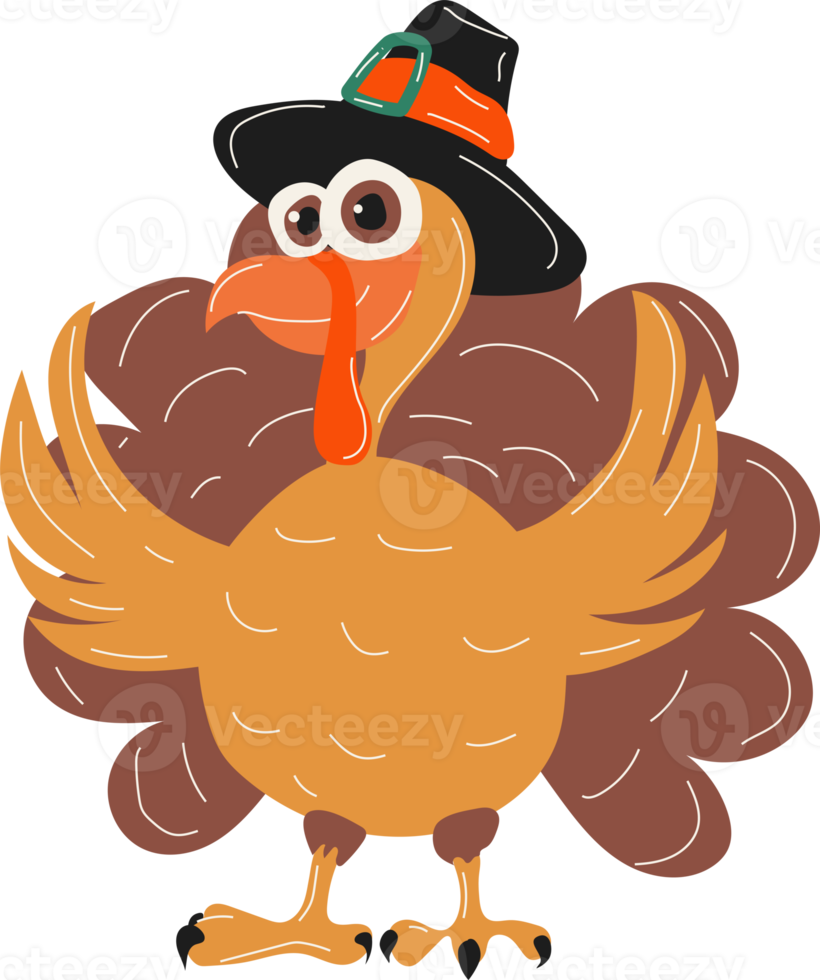 Happy Thanksgiving Day. Cartoon Turkey in a pilgrim hat. png