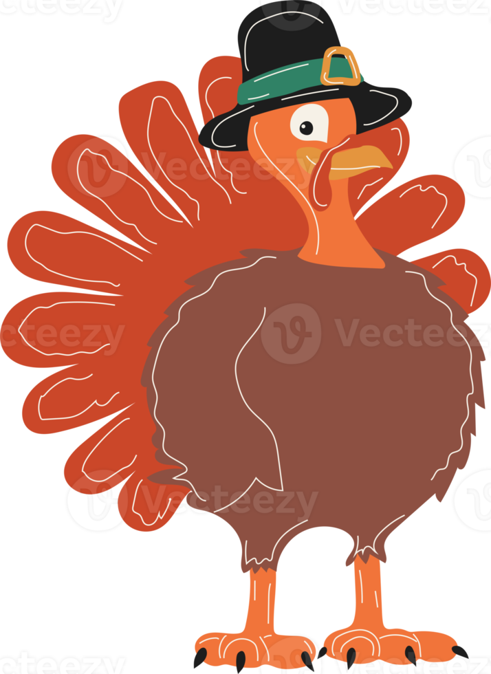 Happy Thanksgiving Day. Cartoon Turkey in a pilgrim hat. png