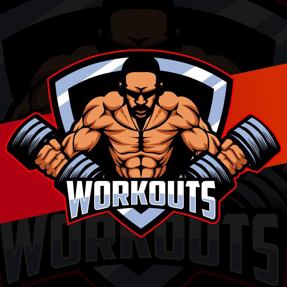 fitness man with strong muscle and barbell mascot logo concept for fitness and sport business design vector