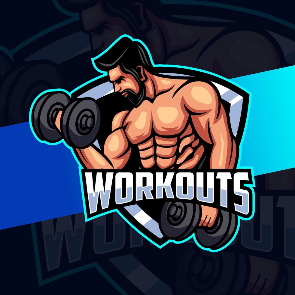 hombre de fitness con músculo fuerte y concepto de logotipo de mascota de pesas para diseño de negocios de fitness y deporte vector