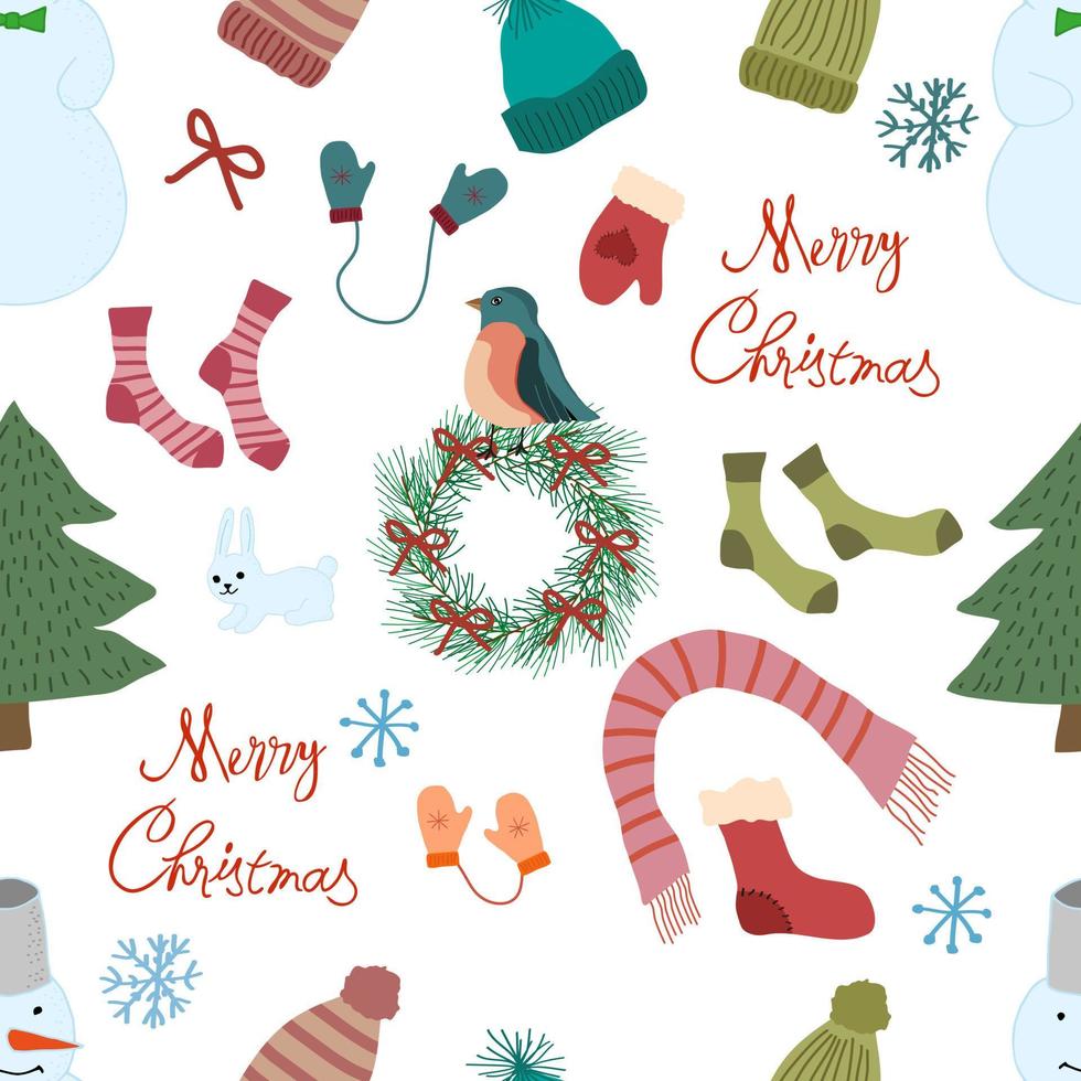 Christmas seamless pattern with Christmas items and animals. mittens boots and Christmas trees and a snowman on a white background.Flat vector illustration.