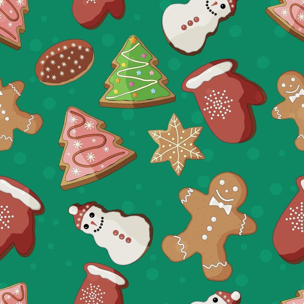 Christmas seamless pattern and Christmas baking.Christmas gingerbread on a light green background.Flat vector illustration.