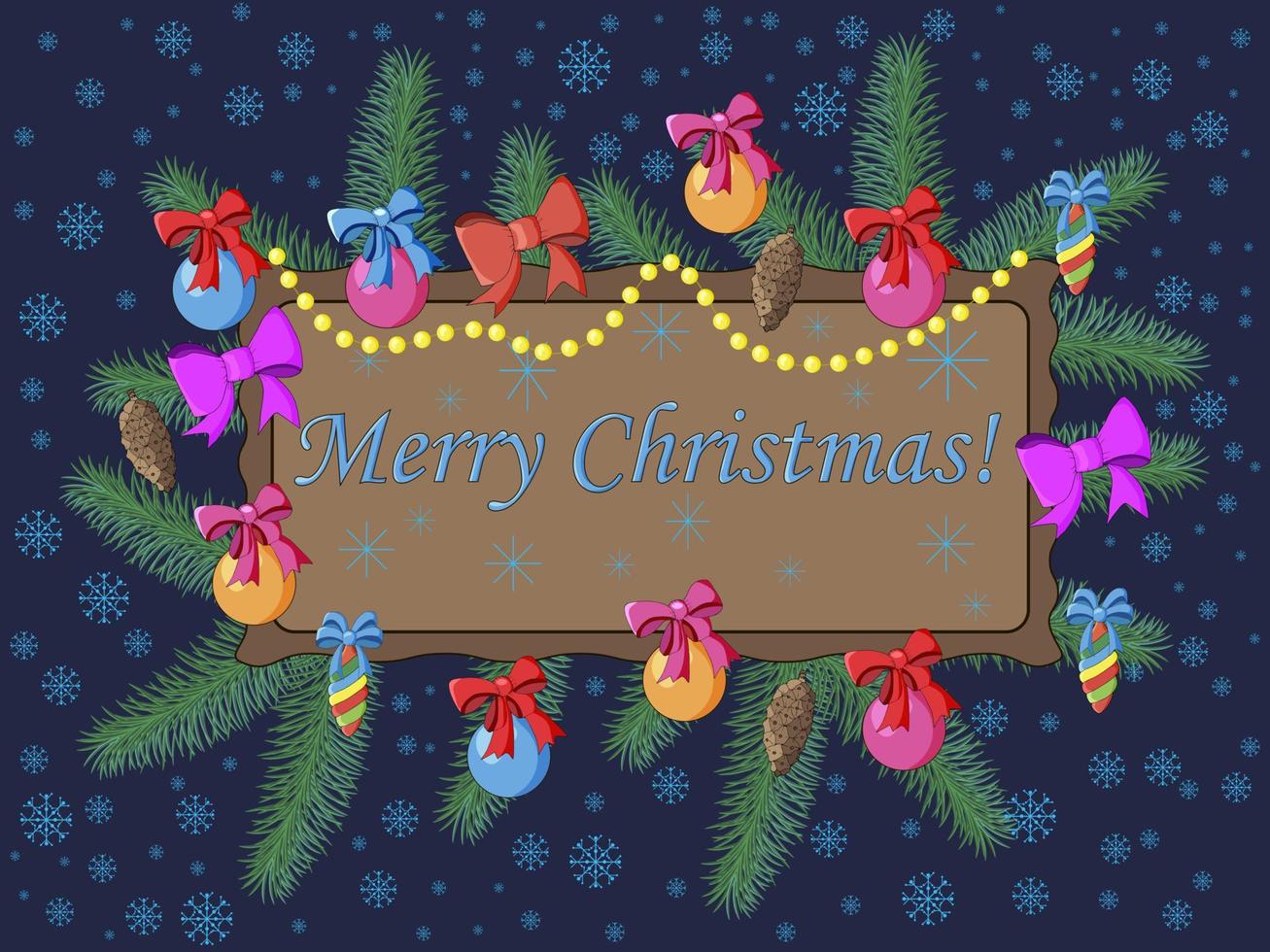 Christmas frame decorated with fir branches, toys and bows.On a blue background with snowflakes. vector