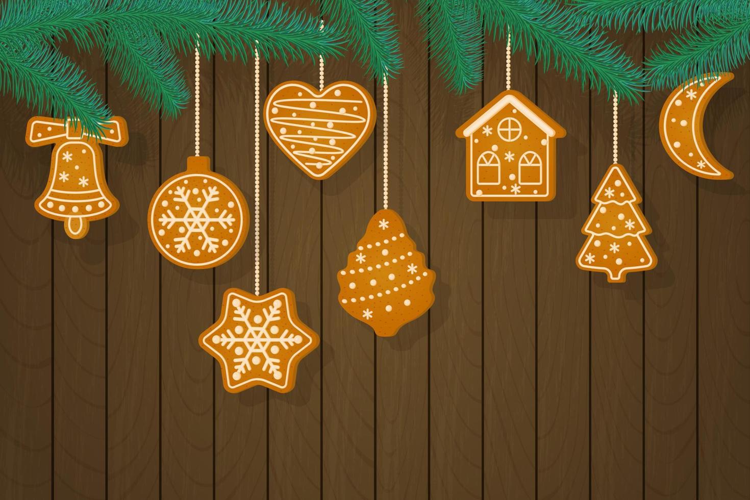 tarjeta de navidad ramas de abeto y galletas. galletas de vacaciones de árbol de navidad. golosinas de vacaciones de año nuevo. ilustración vectorial. vector