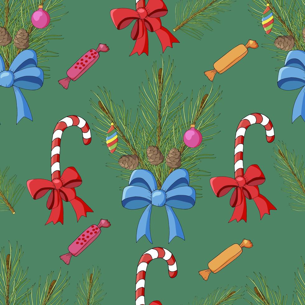 Seamless background with Christmas decorations. Pine branches, toys and cones.Candy and bows. vector