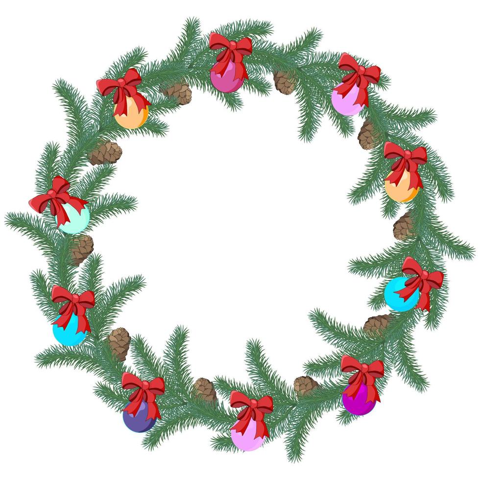 Christmas wreath of Christmas decorations consisting of toys, bows, fir branches and cones.Can be used as postcard, posters for other kinds of design. vector