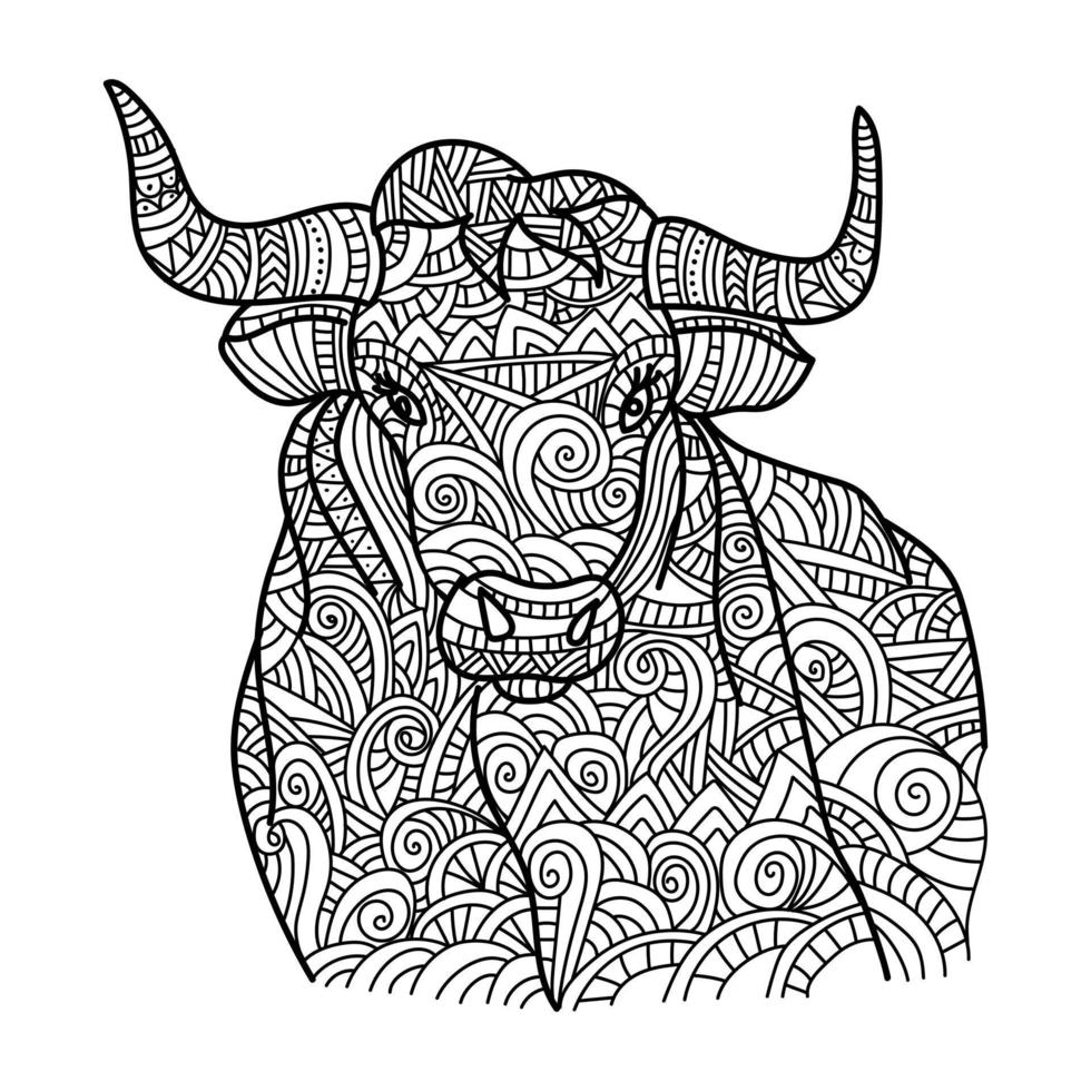 Bull head with ornate patterns, zen coloring page with animal symbol of the year according to the eastern horoscope vector