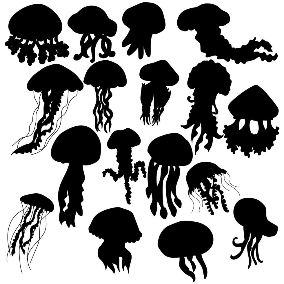 Set of silhouettes of jellyfish, underwater inhabitants with tentacles vector