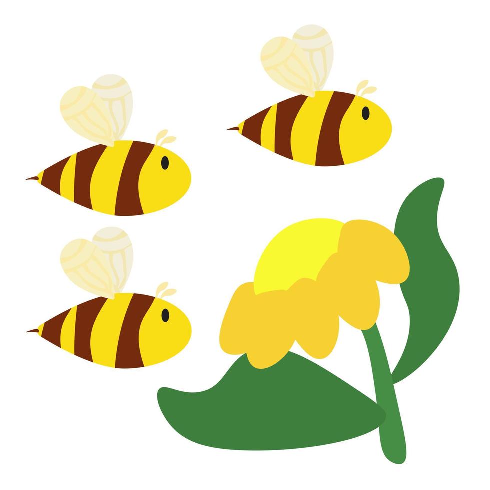 Three bees flying to a flower, honey bees on a flower meadow in cartoon style vector