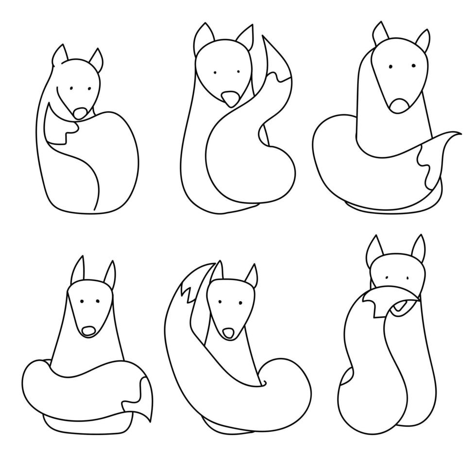Fox line art, set of stylized seated foxes with fluffy tails vector