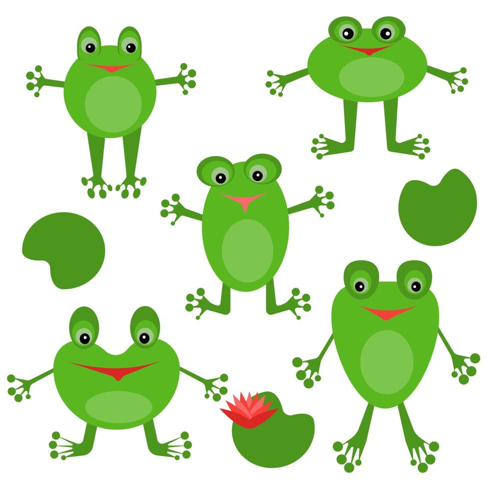Set of cute frogs, positive green characters and swamp flowers vector