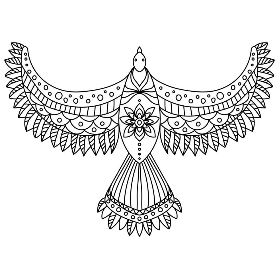 Fantasy flying bird with patterned wings, meditative coloring page with flying character vector