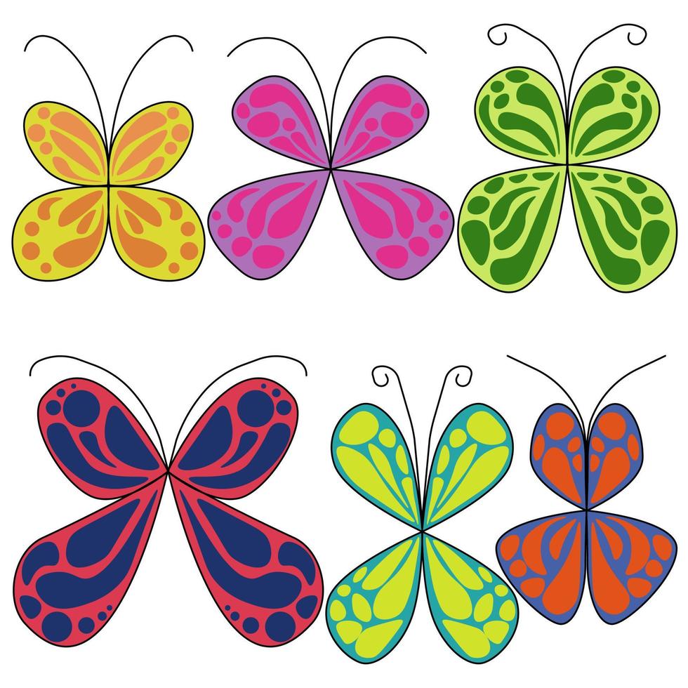conjunto de mariposas multicolores con alas de manchas brillantes, insectos voladores para la decoración vector